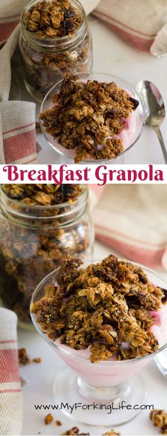 two bowls filled with granola on top of a table