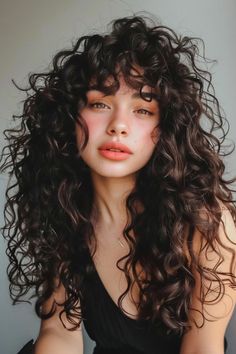 Long Layered Curly Hair With Bangs, Shaggy Long Hair Curly, Thick Curly Bangs, Curly Hair Cuts With Layers And Curtain Bangs Long, Curly Short Layered Hair, Curly Cuts With Layers, Curly Hair 2c, Layered Curly Haircuts, Curly Hair Fringe