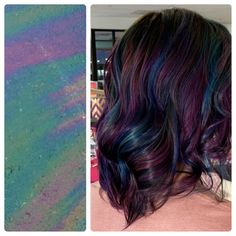 Oil Spill Hair, Oil Slick Hair Color, Wolf Queen, Purple Hair Highlights, Hair Change, Celebrity Hair Colors