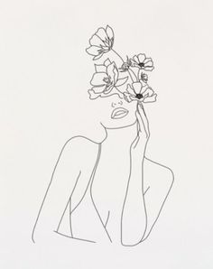 a line drawing of a woman with flowers in her hair, looking to the side