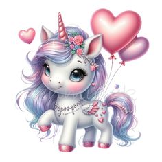 a cute little unicorn with hearts and flowers on it's head is holding balloons