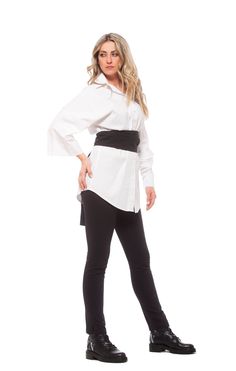 "Women Shirt, Winter Shirt, White Shirt This casual but elegant white women's shirt made from top-quality cotton features a loose cut, adjustable left sleeve, and a sleek collar. Its wide belt (included in the price of the shirt) visually balances the length and looseness of this blouse, but most importantly - it remodels your body to showcase its best features! KEY FEATURES - loose oversized fit - asymmetrical cut - long sleeve - the belt is a GIFT - custom size and plus size available at NO EX Elegant White Blouse With Shirttail Hem, White Office Top With Shirttail Hem, White Blouse For Workwear With Shirttail Hem, White Fitted Blouse With Shirttail Hem, Fitted White Blouse With Shirttail Hem, White Shirt With Asymmetrical Hem For Work, White Workwear Shirt With Asymmetrical Hem, White Asymmetrical Hem Blouse For Daywear, White Asymmetrical Hem Shirt For Work