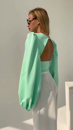 Fabric: Crepe Viscose 50%, Polyester 40%, Elastane 10% Puffed sleeves V-neck Backless Crepe Top Styles, Mini Dress Outfit Party, Mint Outfit, Puff Blouse, Dress Patterns Diy, Dress Name, White Mini Dress Outfit, African Inspired Clothing, Backless Top