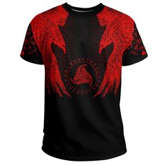 Viking T-Shirt Muninn Tattoo Red Crew Neck Sublimation Design With All Over Print, Red Crew Neck T-shirt With All Over Print, Graphic Tee T-shirt With Digital Print Crew Neck, Black Crew Neck T-shirt With Digital Print, Graphic Tee With Digital Print And Crew Neck, Staple Wardrobe Pieces, 3d T Shirts, Feel It, Wearing Clothes