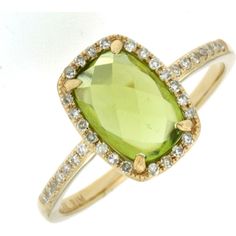 Royal 14K Yellow Gold Ring with Cushion-Cut 2.00 Carat Peridot and 0.14 Carat Diamond Halo Luxury Peridot Rings For Women, Luxury Elegant Peridot Jewelry, Luxury Unique Peridot Rings, Timeless Glamour, Jewelry Appraisal, Diamond Education, Peridot Ring, Ring Pendant Necklace, Green Peridot