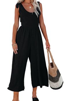 Lace-up Strap Wide Leg High Waist Jumpsuit Chic Black Strapless Jumpsuit For Beach, Casual Strapless Overall Jumpsuit For Beach, Stretch Jumpsuits And Rompers For Beach Season, Black Strapless Jumpsuit For Summer Beach Outing, Black Strapless Jumpsuit For Summer Beach, Black Strapless Jumpsuit For Beach In Summer, Casual Stretch Strapless Jumpsuit For Beach, Spring Black Strapless Jumpsuit For Beach, Black Strapless Jumpsuit For Beach In Spring