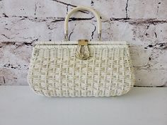 "Vintage Princess Charming Woven Wicker Purse Handbag By Atlas Hollywood 8\" x 14\"" Vintage White Top Handle Shoulder Bag, Vintage White Rectangular Bag, Vintage White Handheld Shoulder Bag, White Vintage Rectangular Bag, Vintage White Bag With Detachable Handle, White Rectangular Vintage Bag, Vintage White Satchel For Shopping, Vintage White Rectangular Satchel, Vintage White Shoulder Satchel