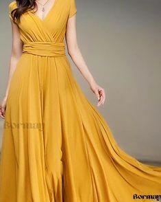 Bormay - Chic Bohemian Chiffon Dress featuring Short Sleeves and Figure-Enhancing Waist Design Chic Bohemian, Plunge Dress, Short Sleeve Maxi Dresses, Skirt Skirt, Bohemian Chic, Types Of Skirts, Single Piece, Chiffon Dress, Types Of Collars