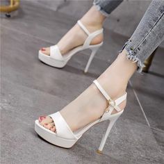 Olivia Mark - Open-toe Waterproof Platform High Heels with Sexy Buckle and Slim Heel Sandals Pork Skin, White Sandals Heels, Womens Chunky Heels, Chunky Heels Boots, Platform High Heels, Martin Boots, Heel Sandals, Chunky Heels, Platform Sandals