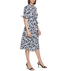 Classic Elegance Awaits With This Floral-Print Shirtdress From Calvin Klein. Collared Floral Print Midi Dress For Casual Days, Collared Floral Print Midi Dress For Casual Wear, Collared Midi Dress With Floral Print For Casual Wear, Casual Collared Floral Midi Dress, Formal Summer Button-up Shirt Dress, Collared Summer Day Dresses, Spring Collared Midi Dress With Floral Print, Collared Summer Dresses For Daywear, Floral Print Midi Shirt Dress For Daywear