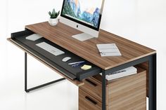 a computer monitor sitting on top of a wooden desk next to a keyboard and mouse