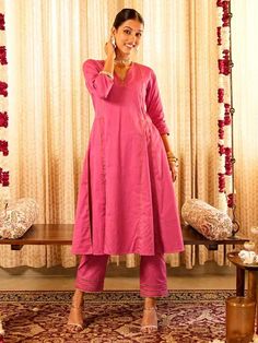 Buy Pink Hand Embroidered Organic Cotton Kurta with Pants- Set of 2 | P102/TYOPNK/SET/AKI21SEP Hand Embroidered