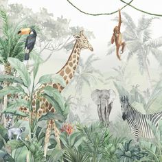 an image of a jungle scene with giraffes, zebras and monkeys