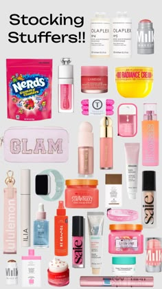 the contents of a woman's purse are shown in this ad for makeup products