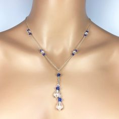 Elegant Blue Lariat Necklace, Crystal Lariat Necklace With Adjustable Chain For Wedding, Blue Single Strand Wedding Necklace, Elegant Blue Lariat Necklace With Adjustable Chain, Blue Long Drop Jewelry For Wedding, Blue Long Drop Wedding Jewelry, Blue Lariat Jewelry For Party, Blue Mother Of The Bride, Chain Ideas