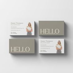 three business cards with an image of a woman's body in grey and white