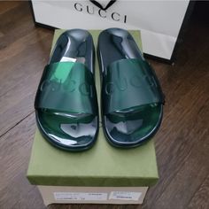 Gucci Rubber Slides Brand New Designer Slides Original Box & Tags Gucci Transparent-Slides In Emeral Designer Luxury Shoes Made In Italy. Smoke-Free Home, Note Sandal Bag Included Fast Shipping Gucci Slide, Gucci Flip Flops, Rubber Clogs, Gucci Slides, Designer Slides, Men Slides, Rubber Sandals, Caged Sandals, Shoe Bags