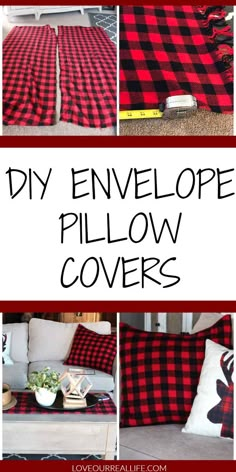 four different pictures with the words diy envelope pillow covers in black, red and white