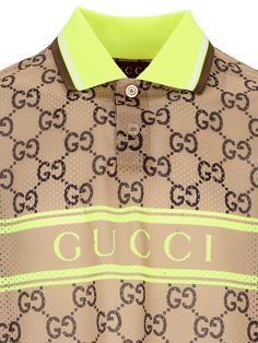 100% Polyester Collared Tops With Logo Print For Summer, Summer Collared Tops With Logo Print, Summer Collared Top With Logo Print, Designer Brown Collared Top, Designer Collared Brown Top, Classic Collared Tops With Monogram Print, Gucci Cotton Polo Collar Top, Gucci Cotton Collared Top, Gucci Collared Cotton Tops