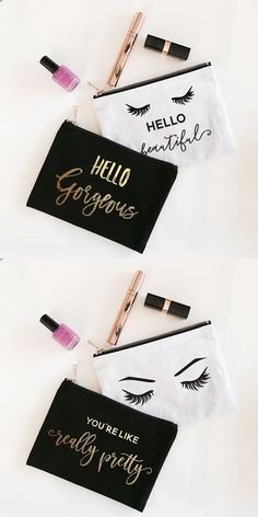 Product Description: These theme cosmetic bags are a unique way to gift your besties! Fill them with custom lip balms, sunglasses and more (not included). Each black or white cotton canvas bag comes with a gold zipper. White bags are printed with a lashes design and "Hello Beautiful" in black and black cosmetic bags are printed in shiny gold foil reading "Hello Gorgeous." PLEASE NOTE: Sold individually. Pictured contents are not included. Lashes Design, Black Cosmetics, Black And Black, Canvas Cosmetic Bag, Lip Balms, Hello Gorgeous, Hello Beautiful, Gold Zipper, Cosmetic Bags