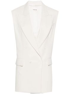 ivory white textured finish peak lapels shoulder pads sleeveless chest welt pocket two side flap pockets English rear vents full lining straight hem double-breasted button fastening Double Breasted Vest, Vest White, White Texture, Ivory White, Welt Pocket, Shoulder Pads, A R, Double Breasted, White