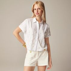 J.Crew: Collection Embellished Button-up Shirt For Women Embellished Button-up Workwear Blouse, Designer Button-up Tops For Spring, Elegant Embellished Summer Shirt, Designer Cotton Button-up Blouse, Spring Workwear Shirt Embellished, Elegant Embellished Spring Shirt, Designer Tops With Embellished Collar For Work, Embroidered Short Sleeve Workwear Blouse, Elegant Button-up Embellished Blouse