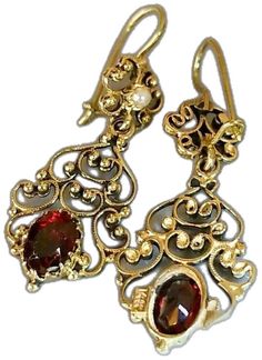 Elegant Yellow Gold Earrings With Historical Design, Elegant Pierced Garnet Earrings, Elegant Gold Garnet Earrings, Elegant Yellow Gold Garnet Earrings, Gold Garnet Earrings For Wedding, Green Mermaid, Garnet Earrings, Seed Pearl, Antique Earrings