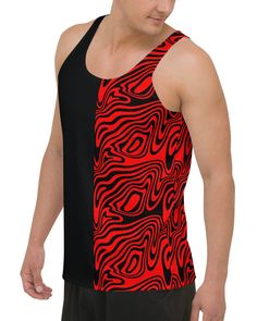 Turn up the heat with the Hypnotic Split T-Shirt, perfect for making a bold statement at Lost Lands or any rave. This crew neck tee features a striking red and black split design with a hypnotic wavy pattern on one side and solid black on the other. With its smooth, stretchy fabric, this tee blends comfort with style, making it a must-have for any festival outfit. Made from 95% polyester and 5% elastane for a soft, comfortable fit Premium knit mid-weight jersey fabric for a quality feel Four-way Stretch Black Printed Tank Top, Black Stretch Rave Tops, Black Stretch Tops For Rave, Red Stretch T-shirt For Streetwear, Red Fitted Graphic Print Tank Top, Fitted Red Graphic Print Tank Top, Red Fitted Tank Top For Streetwear, Black Crew Neck Top With Abstract Print, Red Abstract Print Summer Top