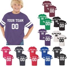 ۞۞FRONT and BACK Personalized FOOTBALL JERSEY TEE SHIRT - FAN JERSEY۞۞ ۞۞Please Let Us Know Your Front and Back Custom Clearly۞۞ ۞۞When you place your order, Leave a CUSTOMER NOTE about customization.۞۞ Example: Front Text: TEAM 1 Front Number: 25 Back Text: JOHN Back Number: 25 If you have any other customization idea, please share with us by email. We are available to do any customization. Now the youngest fan is ready to cheer on the team. Designed with contrasting sleeve stripes and coversti Toddler Feelings, Back Number, Team A, Youth Football, Jersey Vintage, Personalized Football, Football Tees, Custom Jerseys, Football Jersey