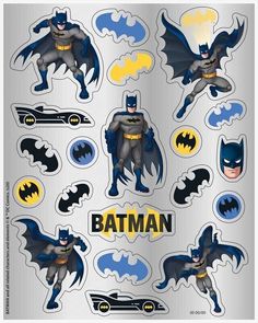 the batman sticker sheet is shown in various shapes and sizes, with different colors