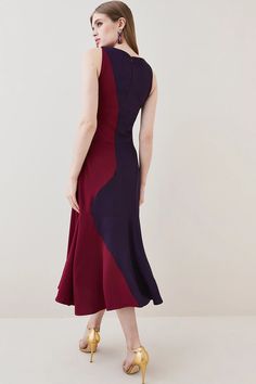 Soft Tailored Color Block Halter Midi Dress | Karen Millen Chic Fitted Purple Sleeveless Dress, Chic Purple Fitted Sleeveless Dress, Fitted Purple Sleeveless V-neck Dress, Fitted V-neck Sleeveless Purple Dress, Purple Sleeveless Dress For Workwear, Notes Style, Soft Tailoring, Halter Midi Dress, Karen Millen