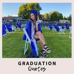 a woman sitting in a chair with her graduation cap and gown