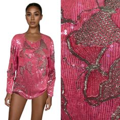 Beautiful butterfly pink sequin 100% silk blouse from the 1980s. Size S Measurements while garment is laying flat: Bust: 39" Underarm to bottom hem - 13" Sleeve length, from shoulder - 22 1/2" Hem at bottom of blouse - 19" (that is 38" around)