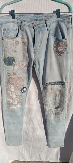 AG-ED DENIM - "The Stockton Skinny". Light blue jeans, subtle & light patchwork. Faded Denim Patchwork Jeans, Faded Patchwork Denim Jeans, Light Wash Patchwork Jeans In Recycled Denim, Light Wash Patchwork Cotton Jeans, Blue Straight Leg Jeans With Patches, Bohemian Light Wash Denim Jeans, Recycled Denim Blue Jeans With Patches, Straight Leg Denim Jeans With Collage Stitching, Denim Blue Jeans With Patches