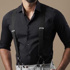 Talk about versatile, these wide monochromatic clip braces can be worn with just about any look. Elastic straps provide maximum comfort, while 6 strong clips ensure that your pants will stay put. Faux leather and silver-toned metal accents round out the look. Adjustable to fit nearly anyone! Purple Suspenders, Grey Suspenders, Black Suit Men, Casual Shoes Outfit, Suspenders Men, Suits And Jackets, Black Accents, Black Suits, Mens Casual Outfits