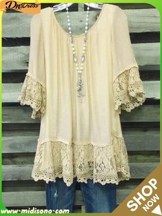 Women's Half Sleeve Scoop Neck Lace Stitching Top Dress Non-stretch Lace Patchwork Blouse For Summer, Non-stretch Summer Blouse With Lace Trim, Casual Summer Blouse With Lace Patchwork, Elegant Patchwork Summer Tops, Summer Lace Top With Patchwork, Summer Lace Patchwork Tops, Elegant Summer Patchwork Tops, Beige Patchwork Tops For Summer, Spring Beige Blouse With Lace Patchwork