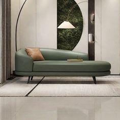 a living room with a green couch and lamp