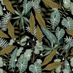 a black background with green leaves and plants on it's sides, all in shades of blue