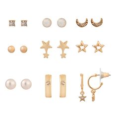 Look your best with this LC Lauren Conrad Celestial & Pearl Nickel Free Earrings Set. 9 pairs of earrings Metal: steel, zinc Backings: post Plating: gold tone Finish: polished Nickel free Gift box included Earring length: 3-8 mm. Not appropriate for children 14 years old and younger. Size: One Size. Gender: female. Age Group: adult. Nickel Free Earrings, Earrings Metal, Free Earrings, Look Your Best, Lc Lauren Conrad, Lauren Conrad, Earrings Set, Jewelry Earrings Studs, Polished Nickel