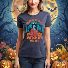 a woman wearing a t - shirt that says nurse by day witch by night