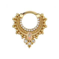 16 ga. 14K Yellow, White or Rose Gold Description & Features: Just like the beloved "Andromeda" hinge ring, the "Dionysus" boasts of an Afghan Plate with a mini Marquise Sarai center—except this piece is more blinged out by a row of gemstones that'll have you sparkling! (1) 4mm x 2.5mm Marquise-cut Genuine White Opal AAA in Bezel with (3) 1.25mm Round Genuine White Diamonds in Bezel's, & (_) 1mm Round Genuine White Diamonds in Prong's with tiny bead accents (Number of gems will vary based on dia Internally Threaded Hoop Septum Ring For Wedding, Elegant Yellow Gold Body Jewelry For Wedding, Ceremonial Yellow Gold Jewelry With Diamond Accents, Silver 14k Gold Septum Ring For Wedding, 14k Gold Silver Septum Ring For Wedding, Elegant Gold Septum Ring With Diamond Accents, Elegant 14k Gold Septum Ring, Elegant Gold Septum Ring, Gold Halo Septum Ring For Wedding