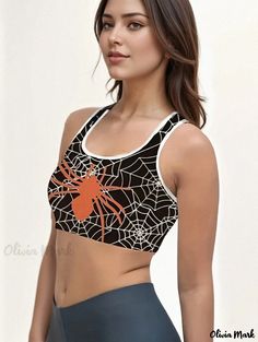 Olivia Mark - Womens Plus Size Spider Web Print Scoop Neck Racer Back High Stretch Skinny Crop Tank Top for Sports Casual Sweat Resistant Sports Bra For Sports Events, Casual Sports Bra For Running, Casual Athletic Fit Sports Bra, Casual Moisture-wicking Sports Bra, Sport Top, Crop Tank Top, Sports Tees, Sports Top, Racer Back