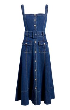 Experience effortless style with the Vega Dress. Made with medium wash denim, this midi dress boasts a button front, belted waist, and patch pockets for a chic and versatile look. Whether you're enjoying a casual day out or dressing up for a night out, the Vega Dress has got you covered. Details Button front closureFabric: Lightweight DenimFit and flareSilhouettePatch pocket detailsSleeveless Content and Care 99% Cotton 1% SpandexDry CleanImported Measurements 42.5in/107.95cm from shoulderMeasurements from size S Pockets In Dresses, Collared Button Down Dress, Denim Dress Aesthetic, Diy Denim Dress, Vegas Dresses, Skirt Coverup, Denim Midi Dress, Cinq A Sept, Short Denim Skirt