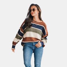 Women's Striped Drop Shoulder Sweater - Cupshe-S-Multicolored Drop Sleeve Sweater, Textured Knit Sweater, Drop Shoulder Sweater, Effortless Fashion, Striped Turtleneck, Drop Shoulder Sweaters, Womens Crewneck, Round Neck Sweaters, Knitted Pullover Sweaters