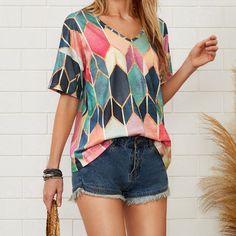 Women's Casual T-Shirt Colorful Rhombus Printed Short Sleeve V-Neck Tee Top Casual Multicolor Print V-neck T-shirt, Casual Tops With Multicolor Geometric Pattern, Casual Geometric Tops For Spring, Casual Green Tops With Geometric Pattern, Casual Green Top With Geometric Pattern, Casual Geometric Graphic Print Tops, Multicolor Geometric Pattern Summer Top, Multicolor Short Sleeve Top With Geometric Pattern, Trendy Short Sleeve Tops With Geometric Pattern