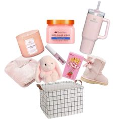 bae basket idea !! #baebasket Bae Baskets Ideas, Bae Baskets Cheap, Burr Basket Pink And White, Pink Color Theme Basket, Aesthetic Pink Gift Basket, Bae Baskets Valentines Cheap, Bae Basket, Bae Baskets, Bae Gift