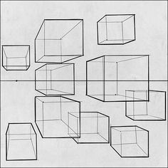 a drawing of cubes and boxes on a white background with black lines in the middle