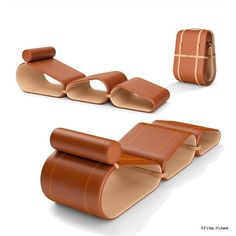 two pieces of furniture made out of brown leather and tan leather, with the seat folded down