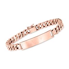 Ross-Simons - C. 1960 Vintage 18kt Rose Gold ID Bracelet. 8". C. 1960. Dating back to the '60s, this sleek Estate collection statement is still relevant today! Our 18kt rose gold style presents a glossy ID bar centered on a blushing curb-link bracelet. Figure 8 safety. Box clasp, 18kt rose gold ID bracelet. Exclusive, one-of-a-kind Estate Jewelry. Classic Rose Gold Tarnish-resistant Bracelet, Formal Rose Gold 14k Bracelet, Classic Rose Gold Chain Bracelet, Tarnish Resistant, Classic Rose Gold Chain Bracelet With Polished Finish, Classic Polished Rose Gold Chain Bracelet, Classic Rose Gold Bangle Chain Bracelet, Classic Rose Gold Bracelet, Classic Rose Gold Chain Bracelet, Classic Rose Gold Bracelets For Anniversary