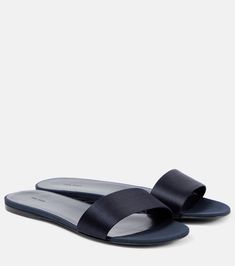 Combo satin slides in blue - The Row | Mytheresa Elegant Flat Slides For Formal Occasions, Elegant Formal Flat Slides, Classic Formal Slides For Summer, Elegant Slide Mules With Removable Insole, Elegant Open Toe Slides With Rubber Sole, Classic Open Toe Slides With Rubber Sole, Elegant Leather Sole Slide Mules, Elegant Spring Slides With Rubber Sole, Designer Open Toe Slides With Rubber Sole